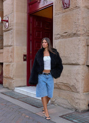 Virginia Cropped Faux Fur Jacket - Black