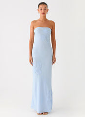 Sassafras Beaded Flower Strapless Maxi Dress - Blue