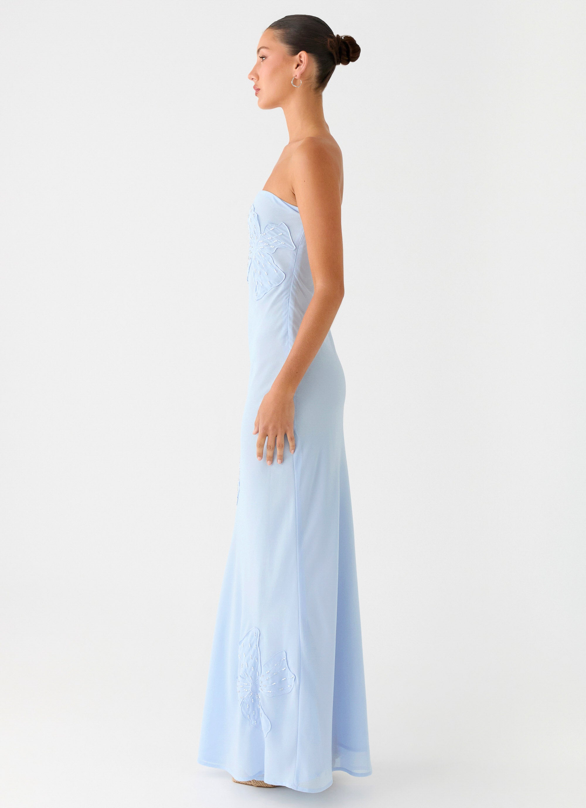 Sassafras Beaded Flower Strapless Maxi Dress - Blue